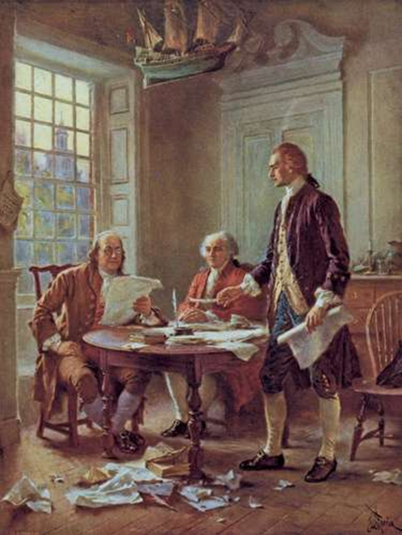 اعلان الاستقلال (من اليسار إلى اليمين) بنجامين فرانكلين، جون آدامز، وتوماس جيفرسون يناقشون مسودة إعلان الاستقلال، 1776. مكتبة الكونغرس، واشنطن العاصمة