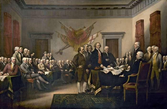 إعلان الاستقلال، لوحة لجون ترمبل، 1818، في مبنى الكابيتول بالولايات المتحدة، واشنطن العاصمة