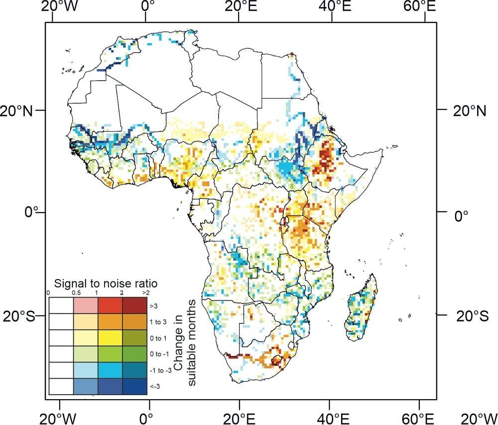 خريطة توضح المناطق المعرضة لخطر الملاريا في أفريقيا في عام 2100 إذا استمر الاحترار العالمي بنفس الوتيرة. 