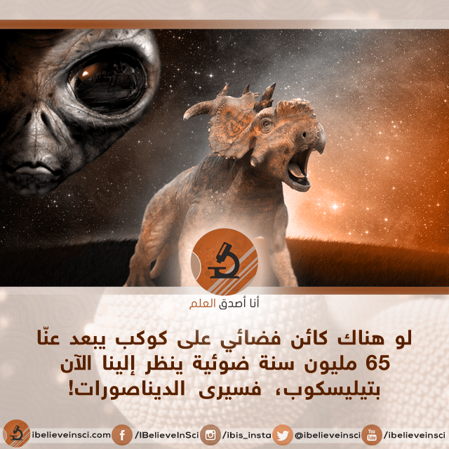 لو هناك كائن فضائي على كوكب يبعد عن ا 65 مليون سنة ضوئية ينظر إلينا الآن بتيليسكوب فسيرى الديناصورات أنا أصدق العلم