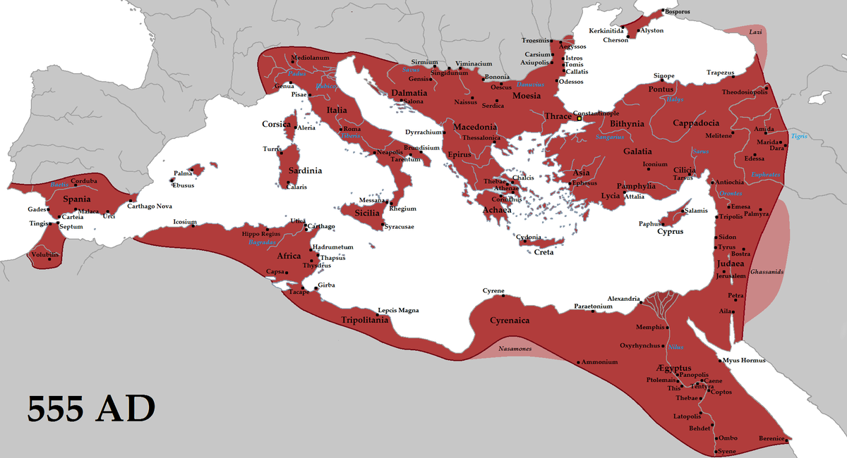 امتداد الإمبراطورية البيزنطية في العام 555 ميلادية