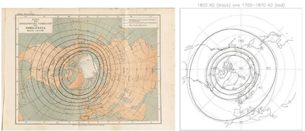 وصف الصورة: على اليسار، خريطة ترسم الشّفق القطبي بين عامي 1700 و1872. على اليمين، رسم تخطيطي للمنطقة الشفقية أعيد بناؤه عام 1800، والتشوه المحتمل بواسطة استكمال البيانات على مدار 170 عامًا للفترة الزمنية بين 1700 و1870
