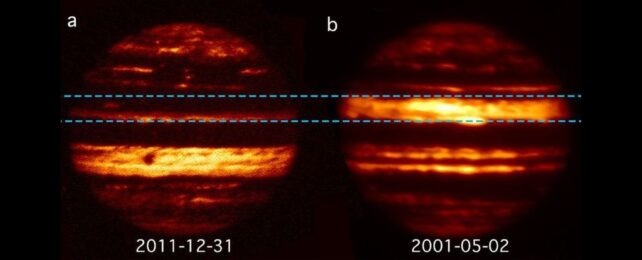 تكشف صور الأشعة تحت الحمراء عن التغيير المثير الذي حدث على كوكب المشتري بين عامي 2001-2011