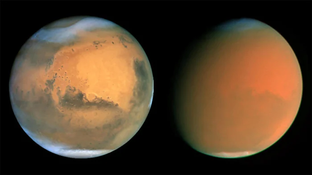 على اليسار صورة كوكب المريخ التي التقطها تلسكوب هابل في يونيو عام 2001، على اليمين صورة الكوكب في شهر سبتمبر من العام نفسه. إذ حجبت عاصفة ترابية استمرت نحو شهرين سطح الكوكب بأكمله.