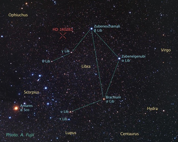مشهد للسماء من الأرض والنجوم المحيطة بالنجم "HD 140283"