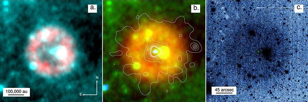 ثلاث مشاهد مختلفة لسديم Pa-30. المصدر: (Pascal Le Du et al, The Astrophysical Journal Letters, 2021)
