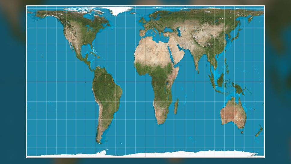 خريطة باستخدام تقنية إسقاط غال بيترز. تعد الخرائط والقرارات المتعلقة بكيفية عرض الكرة الأرضية بشكل مسطح مثال آخر على أهمية السياق عند الحديث عن مواقع على الأرض.