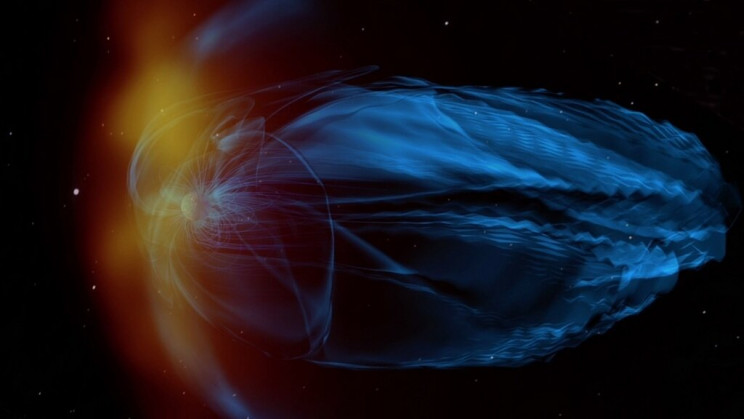 انطباع انطباع لأحد الفنانين يصور فيه الرياح النجمية تضرب الغلاف المغناطيسي الضغيف للأرض. مصدر الصورة: NASA / GSFC / CIL 