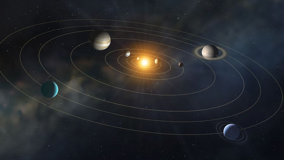في هذا الرسم التوضيحي، تظهر الكواكب الثمانية الرئيسية للنظام الشمسي وهي تدور حول الشمس